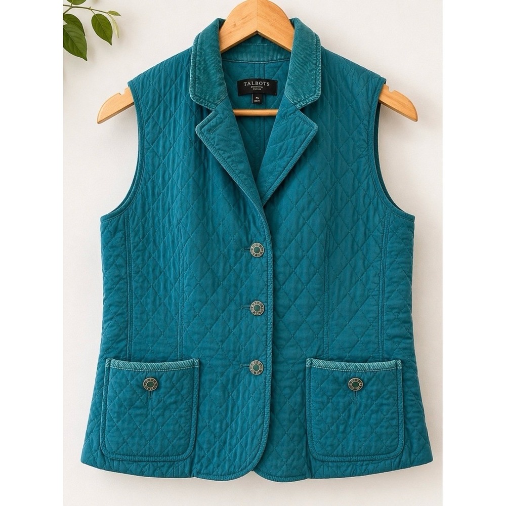 Talbots Petites Teal Quilted Vest PS Corduroy Trim Lightweight Snap Front